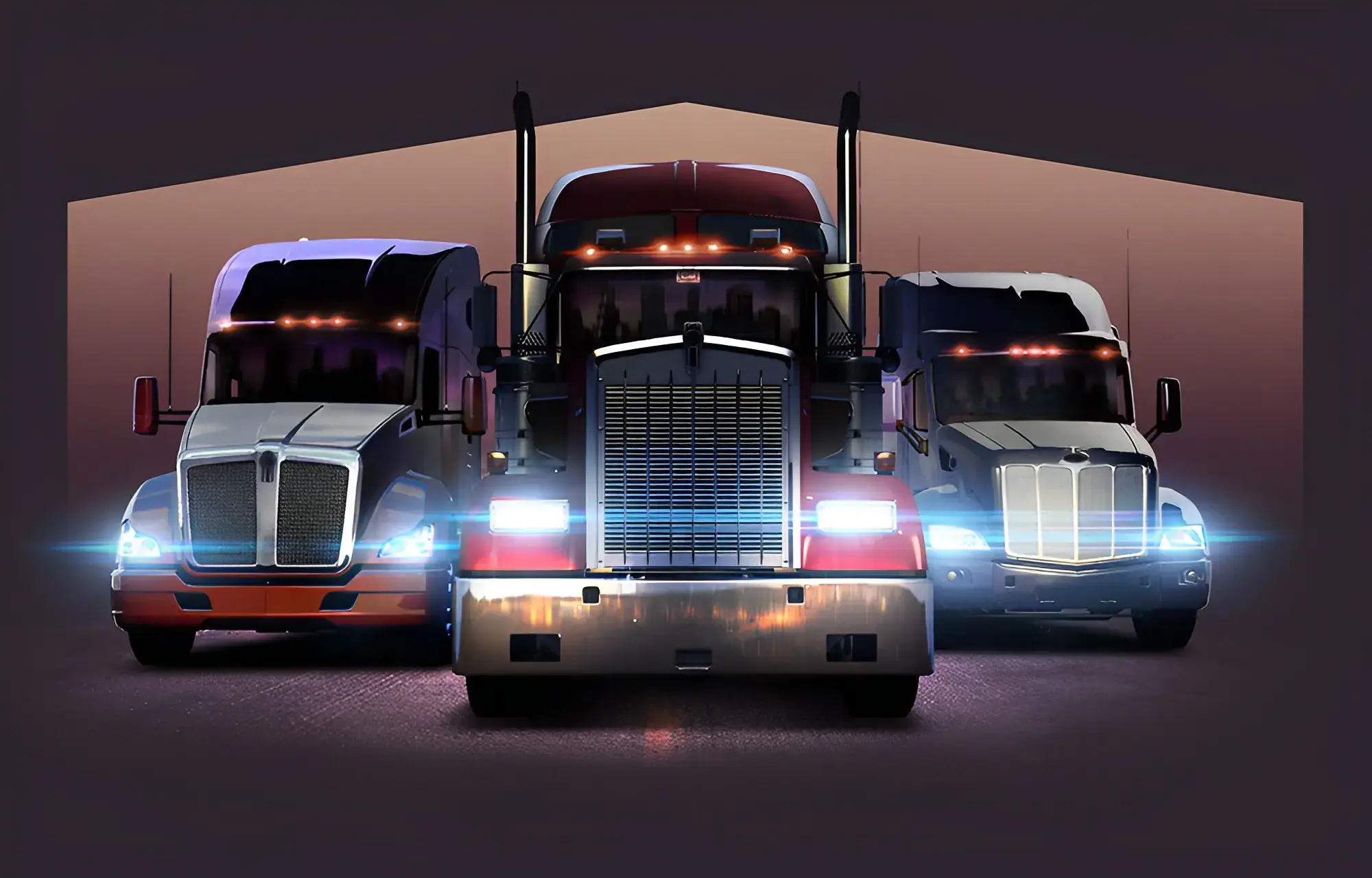 Three heavy-duty trucks with headlights on, facing forward against a dark background, showcasing their power and robust design